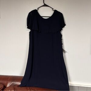 Adrianna Papell navy blue ruffle chiffon dress size 14 event party cocktail NWT